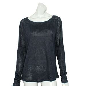 Vince Drop Shoulder Tee Leather neck trim Navy Linen Size Large